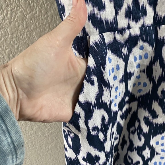 Gap 100% Linen Mini Dress Batik Ikat Blue Fit Flare Sleeveless Womens Size 6 NWT - Picture 4 of 11